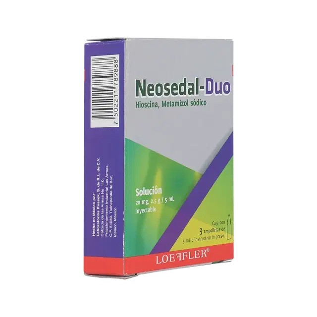 Neosedal-Duo Solucion 20 mg, 2.5 g / 5 mL Inyectable Caja c/ 3 ampolletas de 5 mL e instructivo impreso 