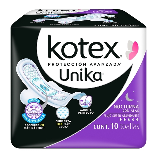 Kotex unika toallas sanitarias nocturna con alas paquete c/10